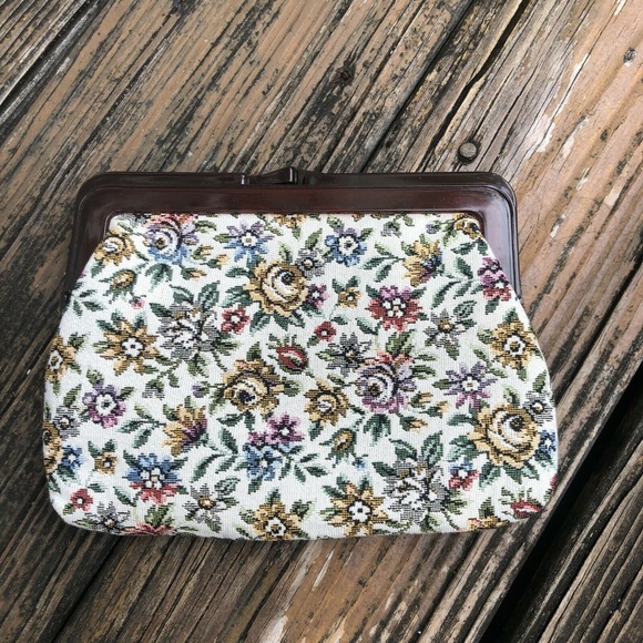 Floral Tapestry Purse Handbag Bag Clutch Cream Pink Green Blue Vintage 50s 60s - Picture 7 of 8